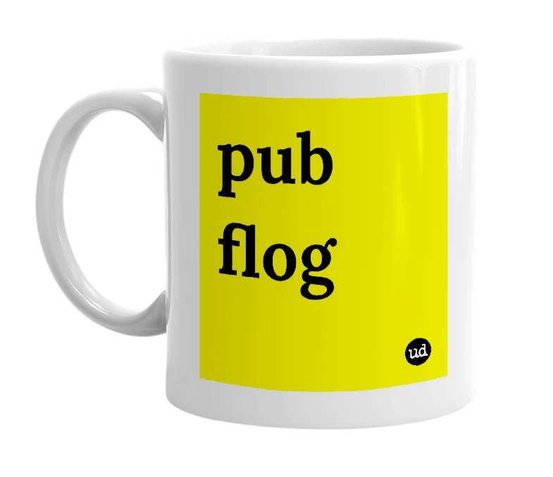 White mug with 'pub flog' in bold black letters