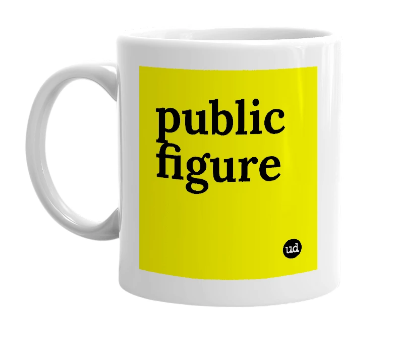 White mug with 'public figure' in bold black letters