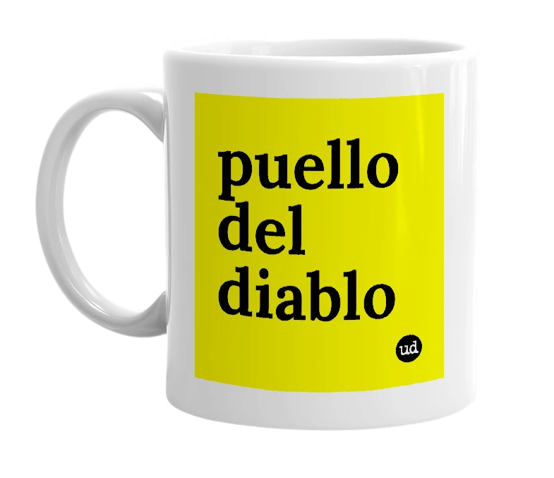 White mug with 'puello del diablo' in bold black letters