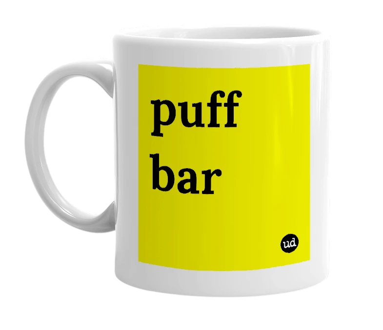 White mug with 'puff bar' in bold black letters