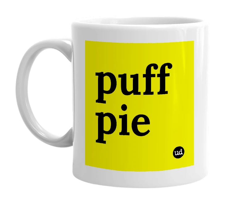 White mug with 'puff pie' in bold black letters