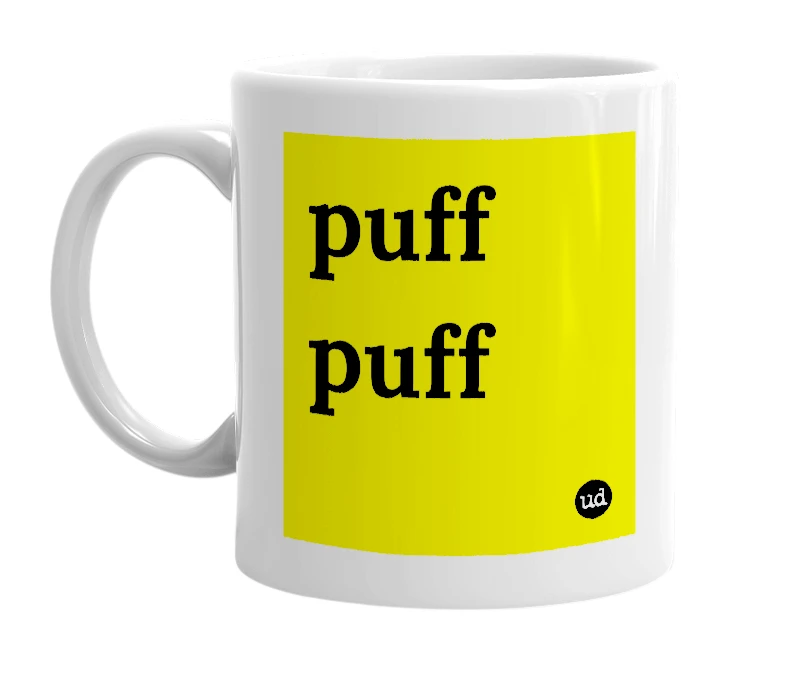 White mug with 'puff puff' in bold black letters