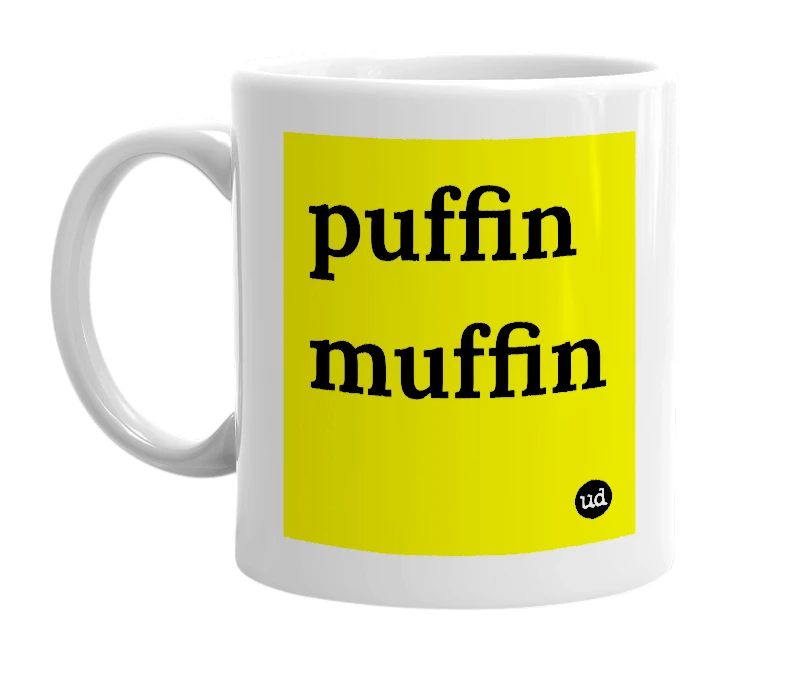 White mug with 'puffin muffin' in bold black letters