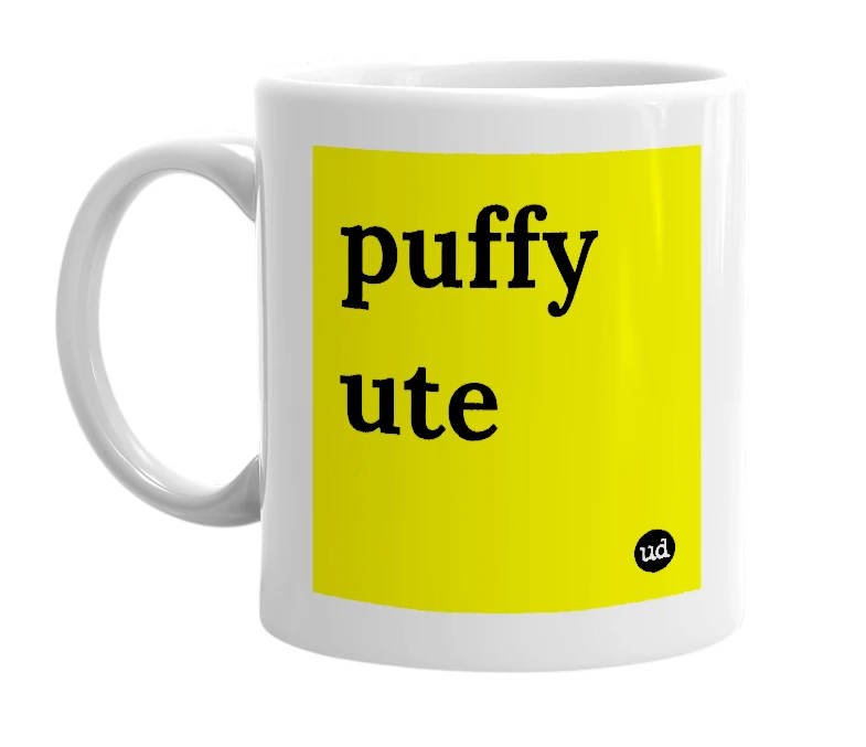 White mug with 'puffy ute' in bold black letters