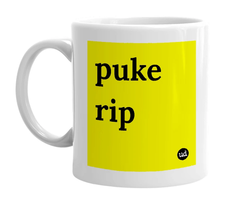 White mug with 'puke rip' in bold black letters
