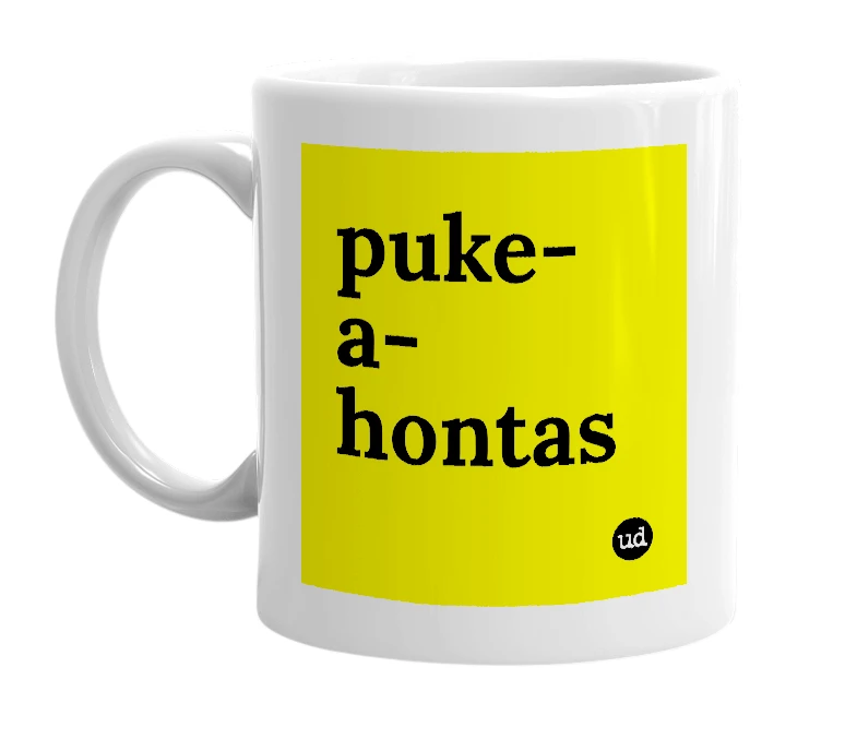 White mug with 'puke-a-hontas' in bold black letters