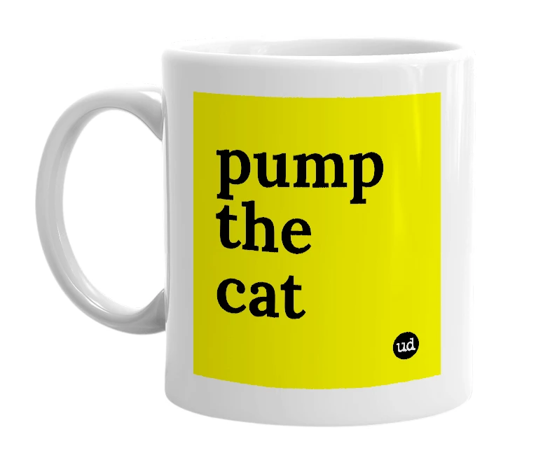 White mug with 'pump the cat' in bold black letters