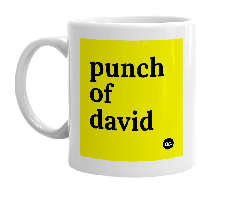 White mug with 'punch of david' in bold black letters