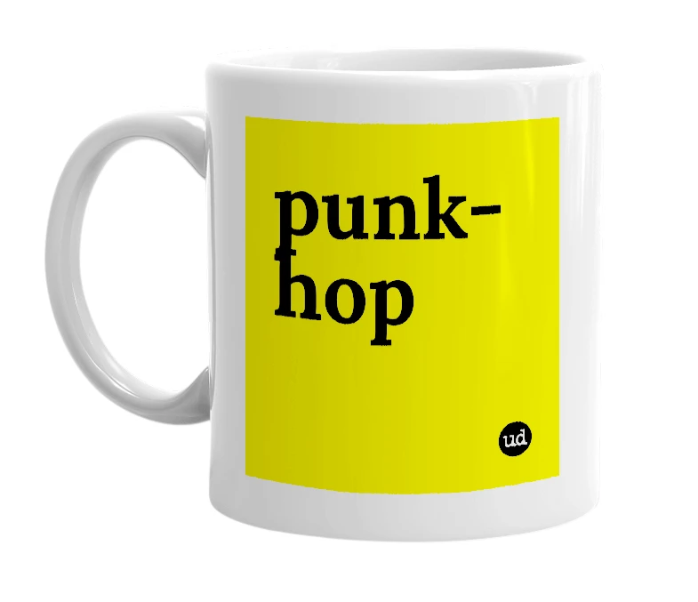 White mug with 'punk-hop' in bold black letters