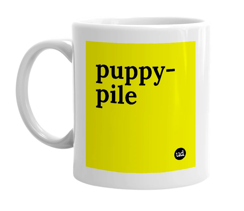 White mug with 'puppy-pile' in bold black letters