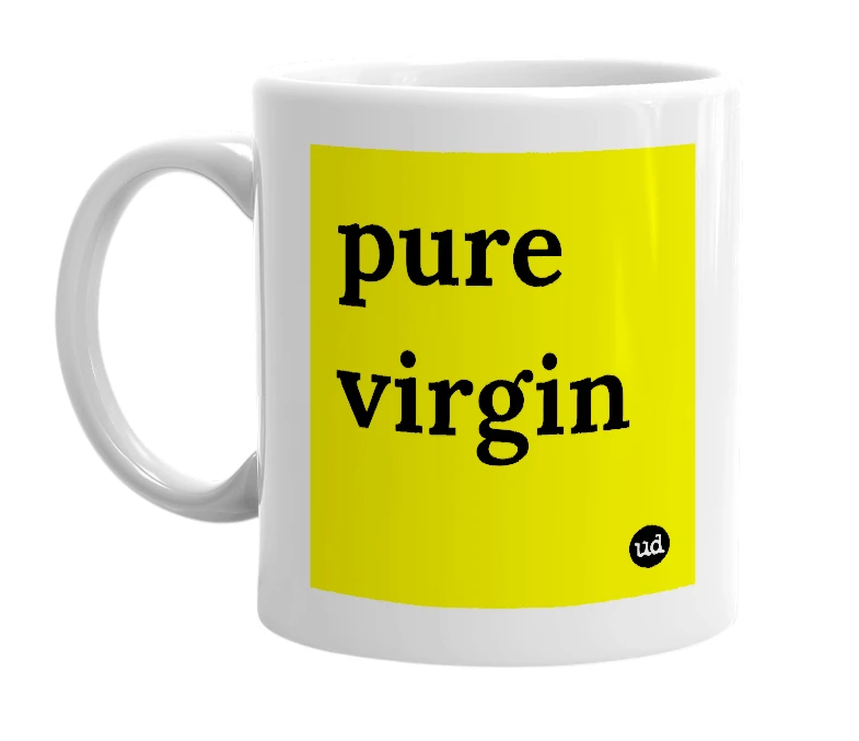 White mug with 'pure virgin' in bold black letters