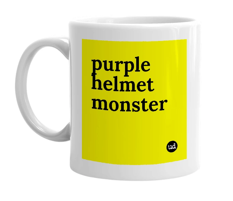 White mug with 'purple helmet monster' in bold black letters