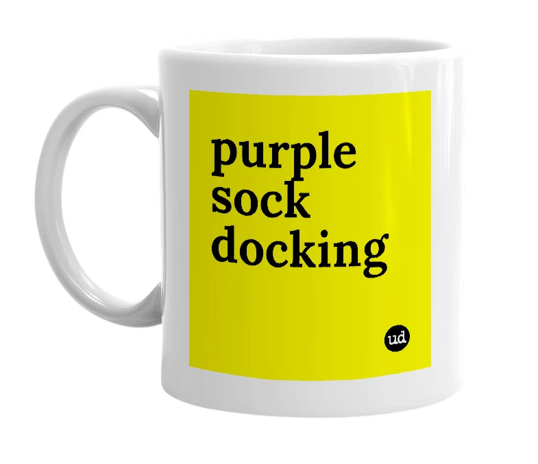 White mug with 'purple sock docking' in bold black letters