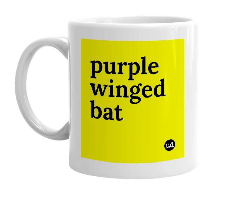 White mug with 'purple winged bat' in bold black letters