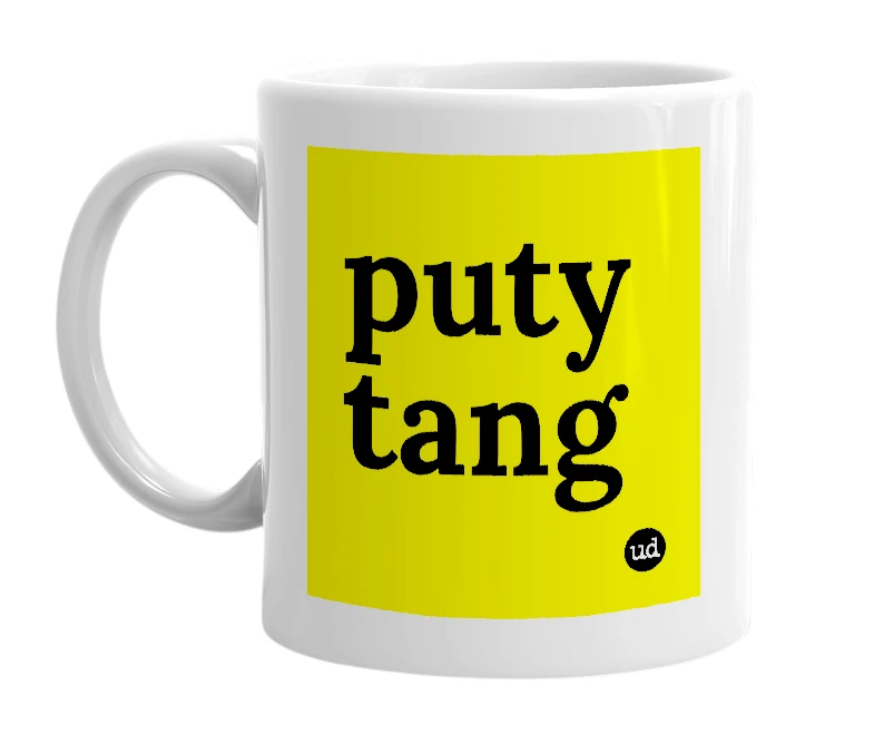 White mug with 'puty tang' in bold black letters
