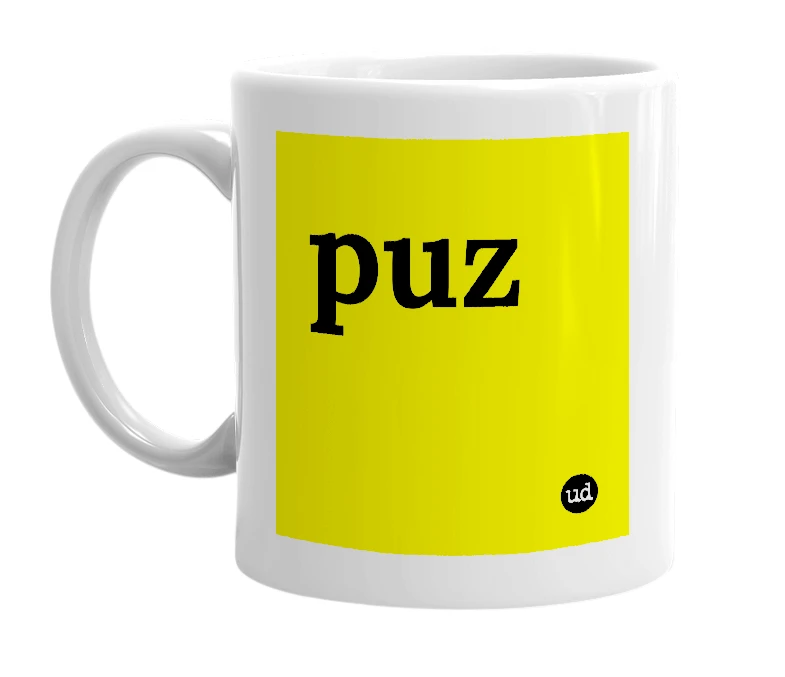 White mug with 'puz' in bold black letters