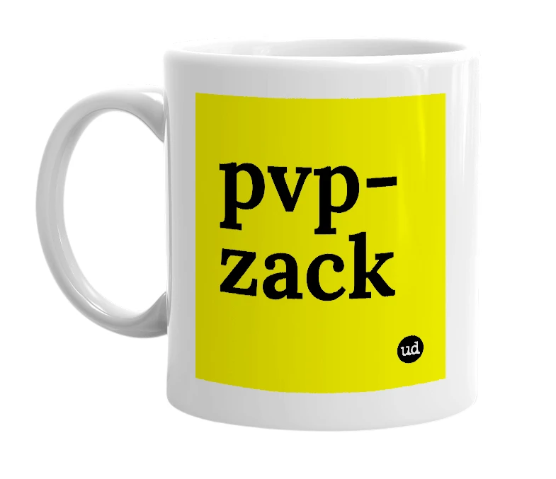 White mug with 'pvp-zack' in bold black letters