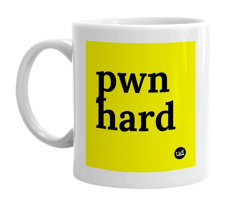 White mug with 'pwn hard' in bold black letters