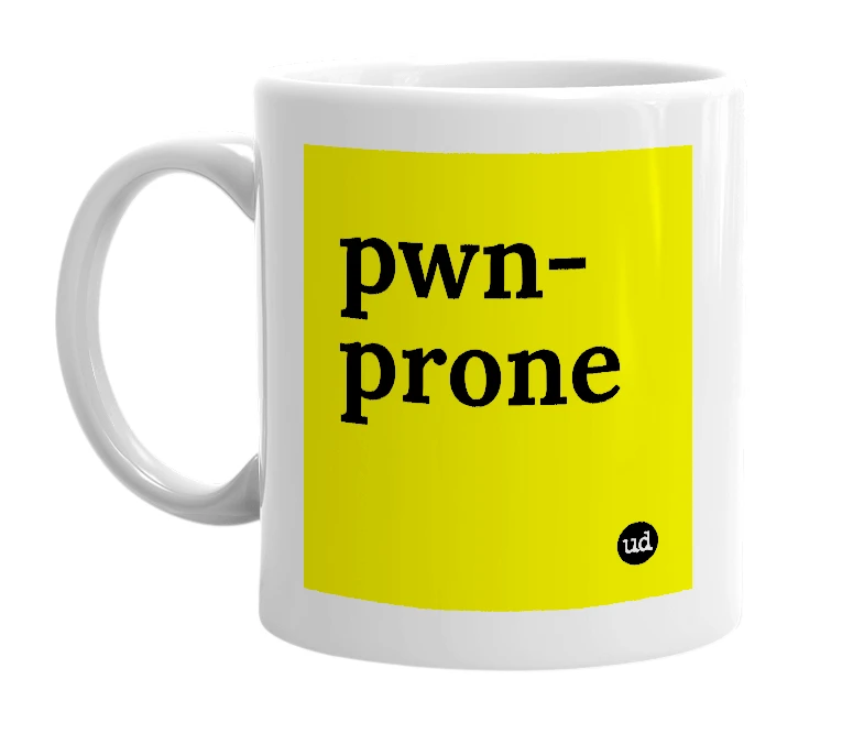 White mug with 'pwn-prone' in bold black letters