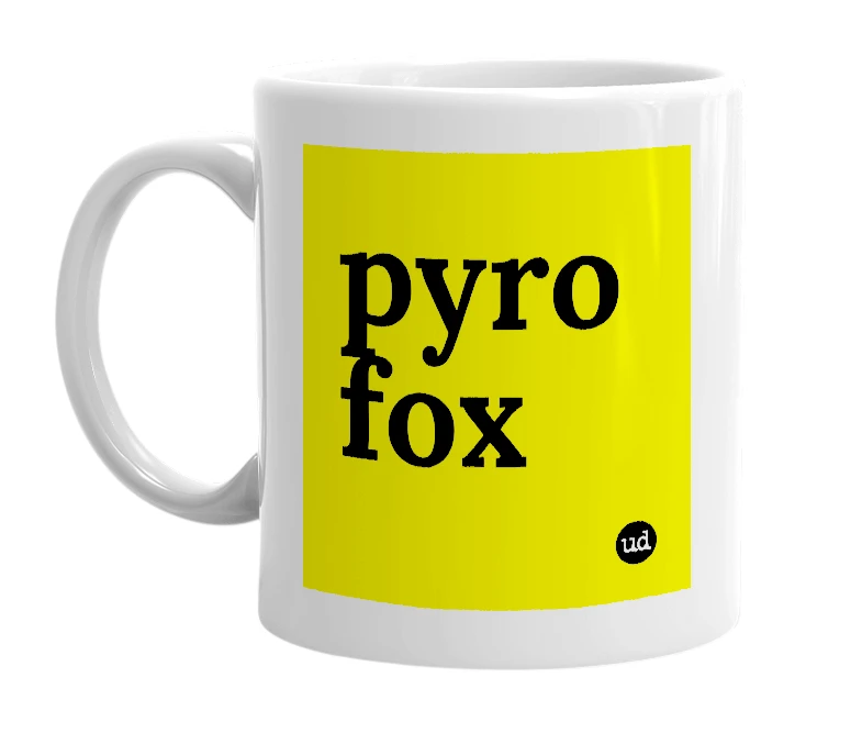 White mug with 'pyro fox' in bold black letters