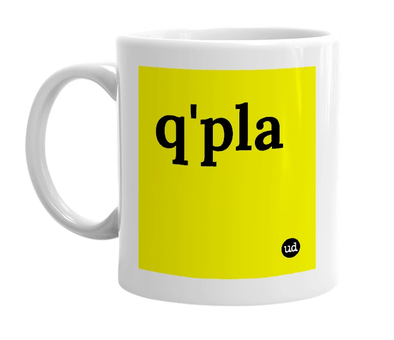 White mug with 'q'pla' in bold black letters