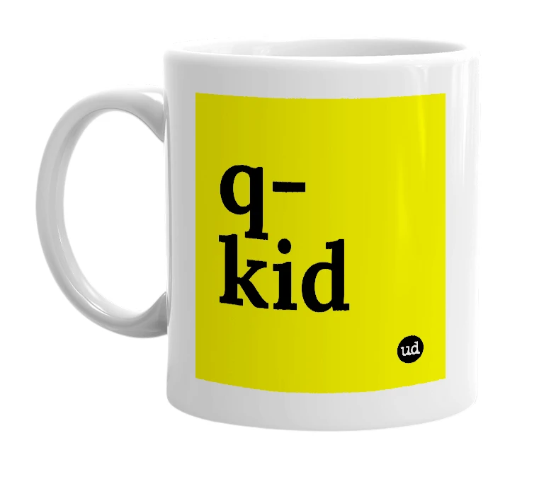 White mug with 'q-kid' in bold black letters