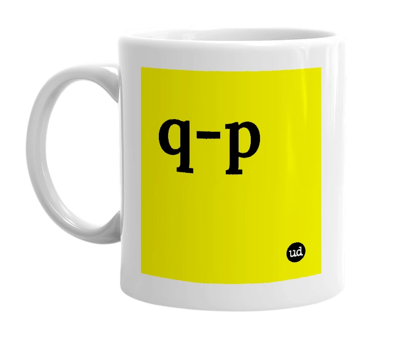 White mug with 'q-p' in bold black letters