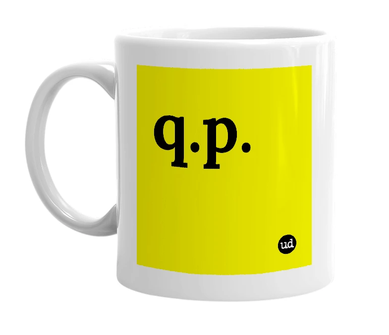 White mug with 'q.p.' in bold black letters