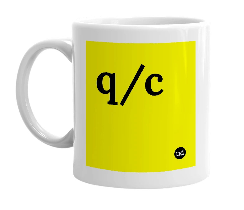 White mug with 'q/c' in bold black letters