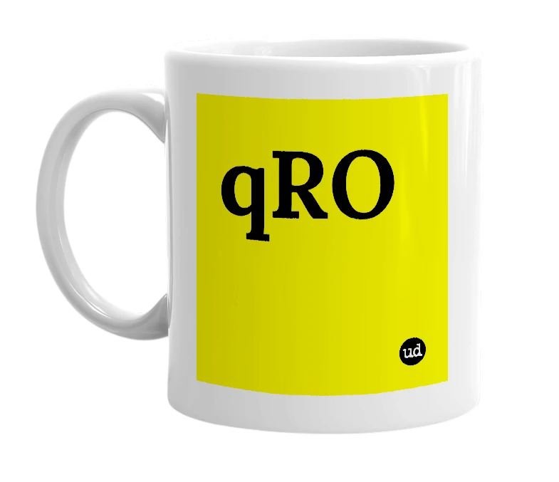 White mug with 'qRO' in bold black letters