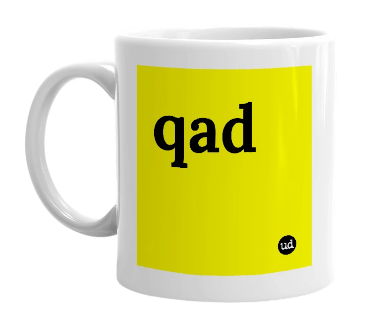 White mug with 'qad' in bold black letters