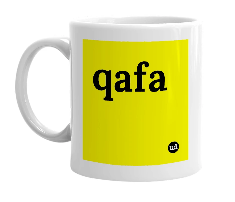 White mug with 'qafa' in bold black letters