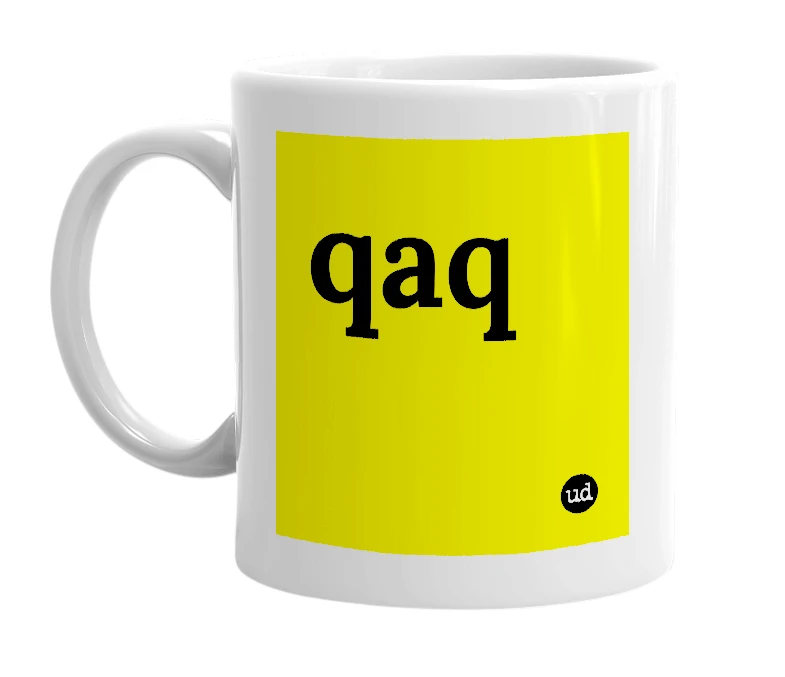 White mug with 'qaq' in bold black letters