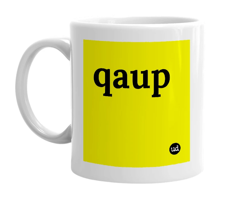 White mug with 'qaup' in bold black letters