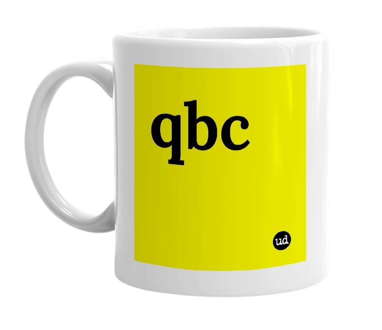 White mug with 'qbc' in bold black letters