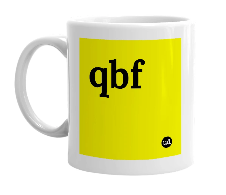 White mug with 'qbf' in bold black letters