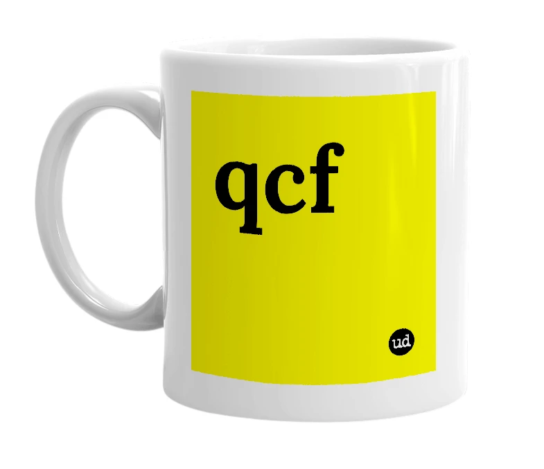 White mug with 'qcf' in bold black letters