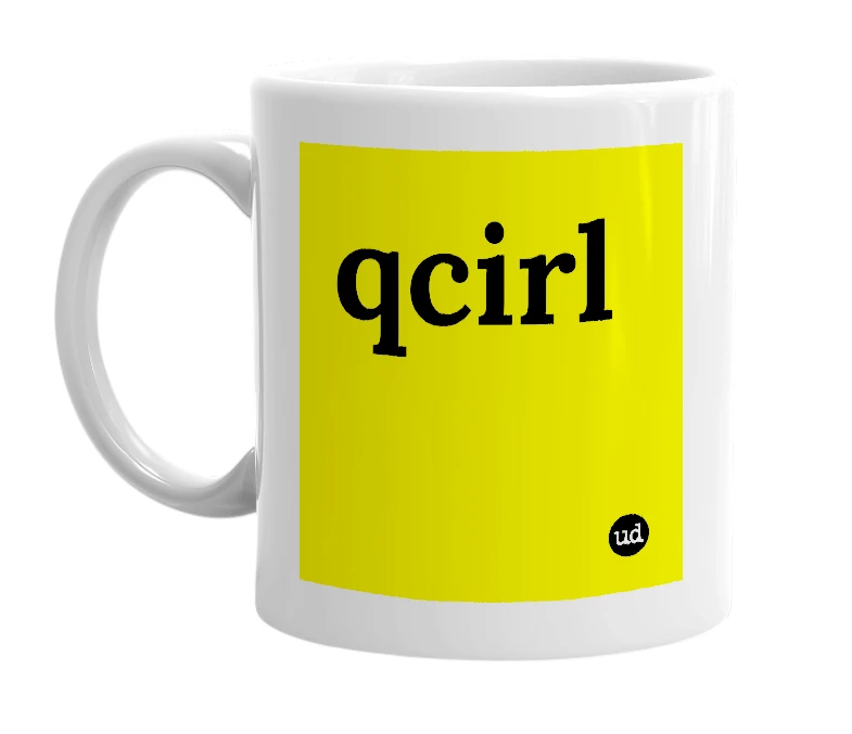 White mug with 'qcirl' in bold black letters