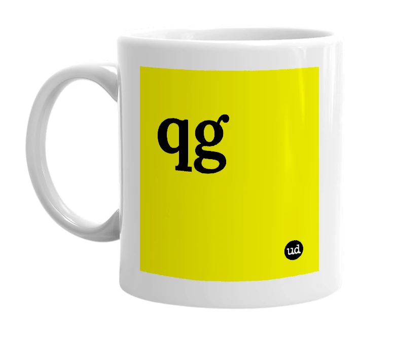 White mug with 'qg' in bold black letters