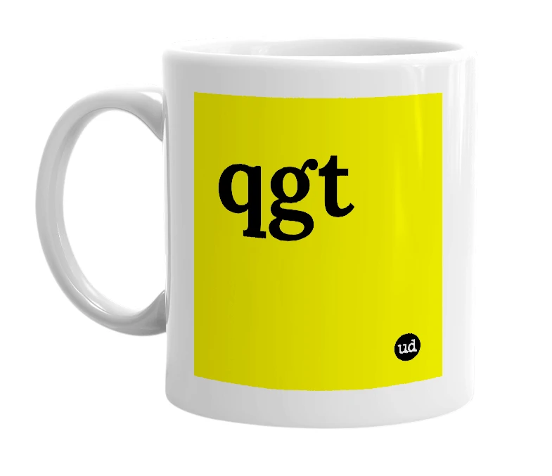 White mug with 'qgt' in bold black letters