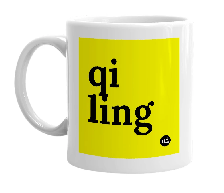 White mug with 'qi ling' in bold black letters