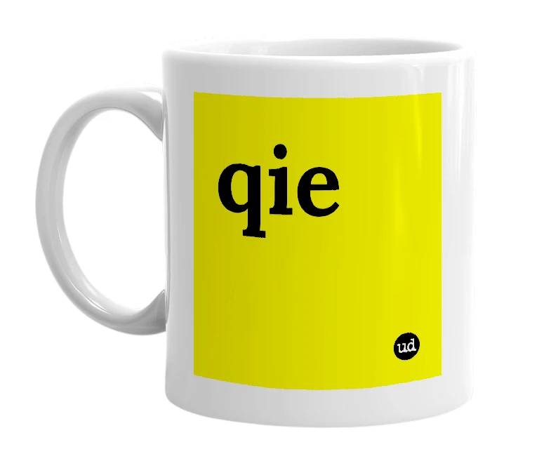 White mug with 'qie' in bold black letters