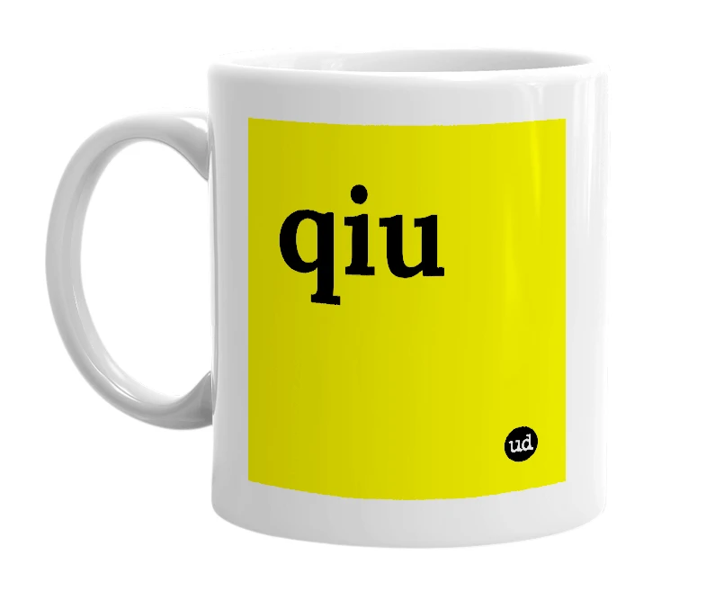 White mug with 'qiu' in bold black letters