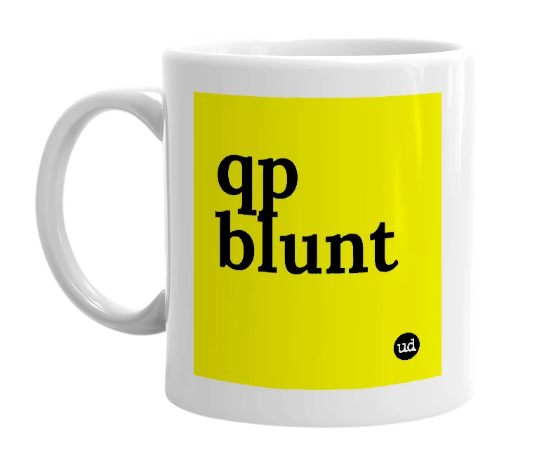 White mug with 'qp blunt' in bold black letters