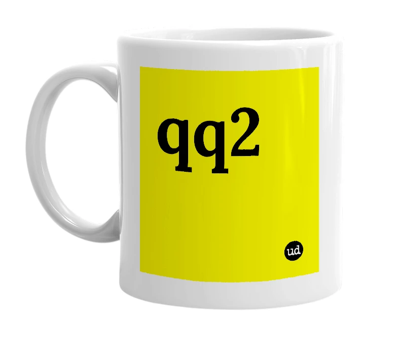 White mug with 'qq2' in bold black letters