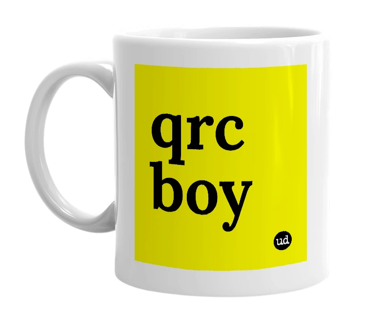 White mug with 'qrc boy' in bold black letters