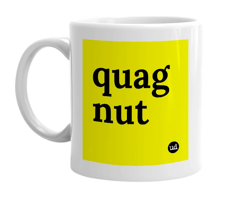 White mug with 'quag nut' in bold black letters