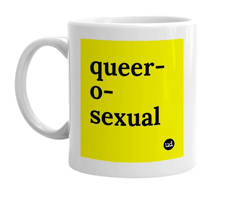 White mug with 'queer-o-sexual' in bold black letters