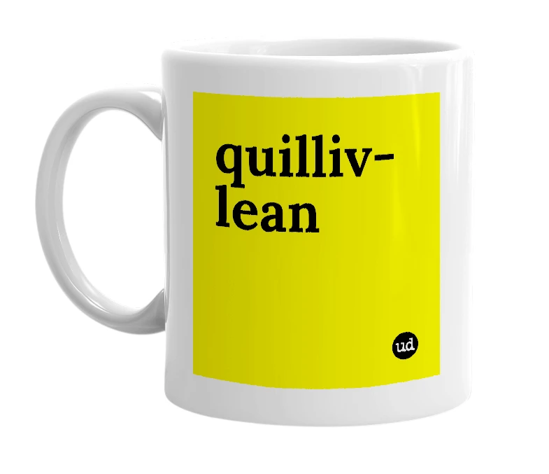 White mug with 'quilliv-lean' in bold black letters