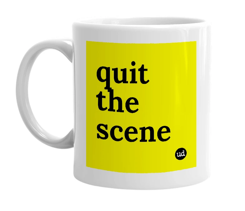 White mug with 'quit the scene' in bold black letters